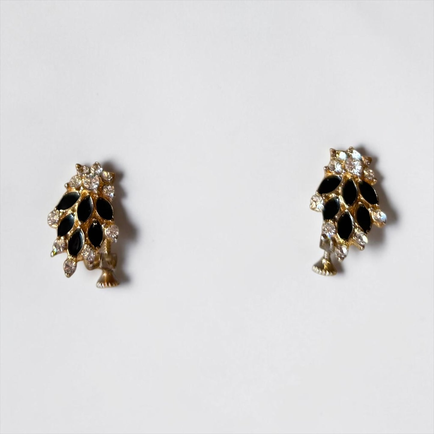 Vintage Gold-Plated Black & Crystal Cluster Clip-On Earrings|90s