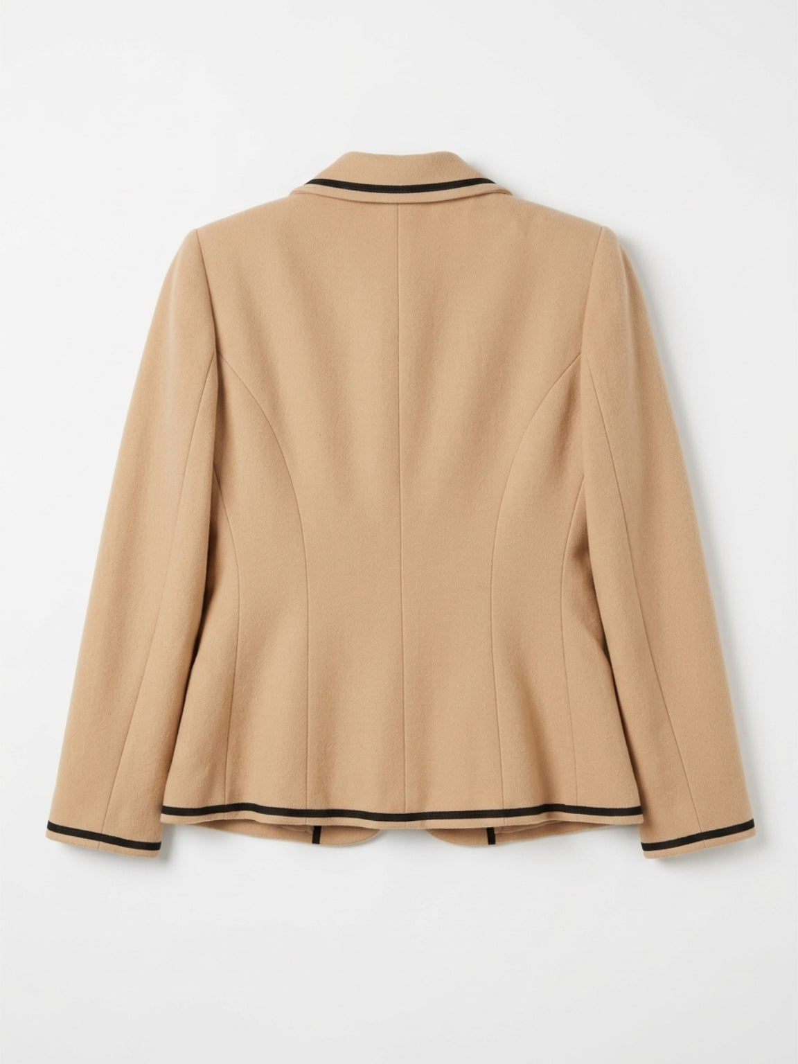 Vintage Chanel Boutique Beige Wool Jacket with Black Trim| 1990s