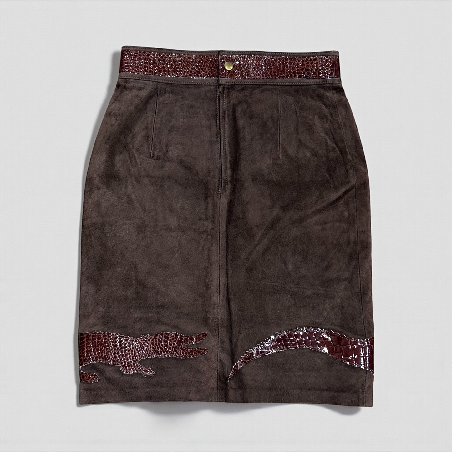Moschino Cheap and Chic Suede Skirt with Crocodile Motif|Late 1990’s