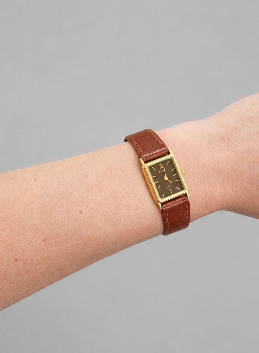 Vintage Accurist Rectangular Watch with Brown Leather Strap| 1990s