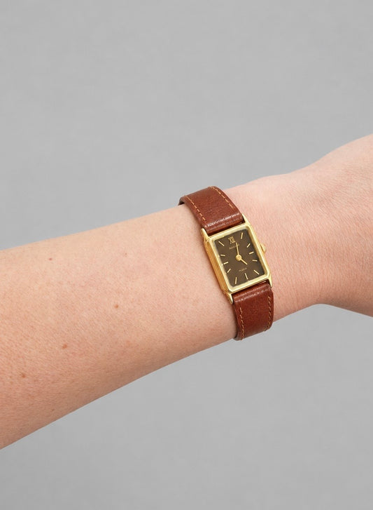 Vintage Accurist Rectangular Watch with Brown Leather Strap| 1990s