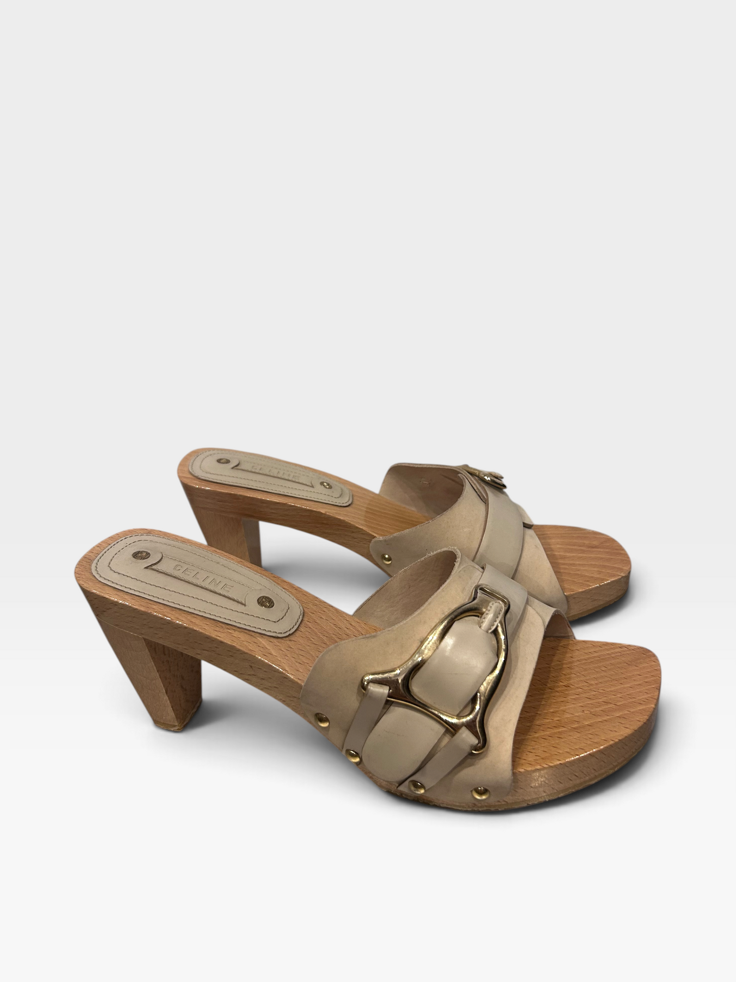 Vintage Celine Leather & Wood Horsebit Mules|Early 2000s