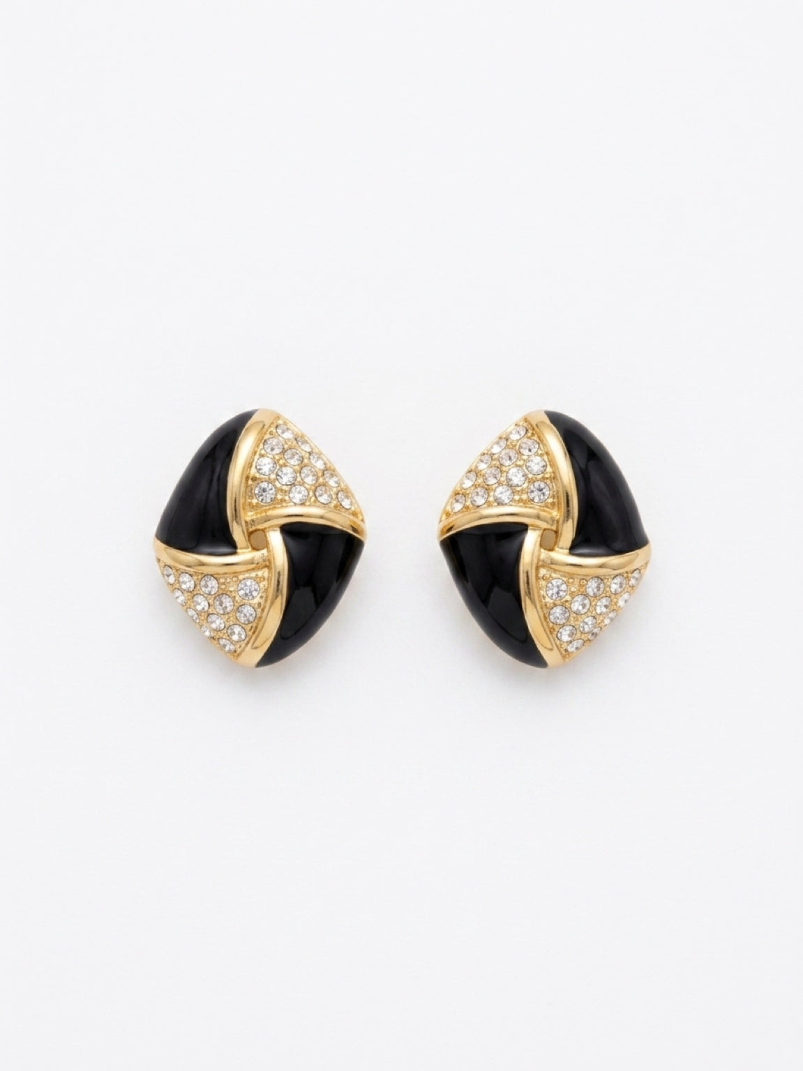 Vintage Gold-Plated Black Enamel & Crystal Clip-On Earrings| 1980s