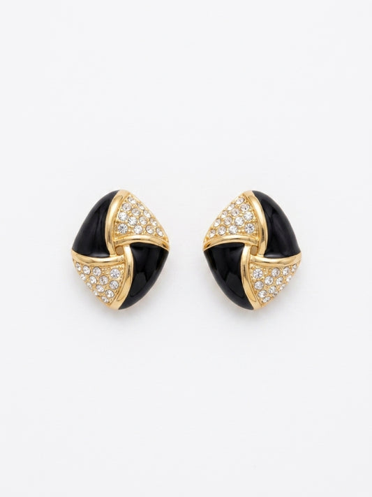 Vintage Gold-Plated Black Enamel & Crystal Clip-On Earrings| 1980s