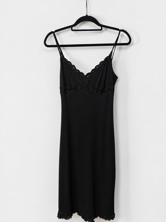 Vintage Morgan Black Lace Trim Midi Slip Dress| Early 2000s