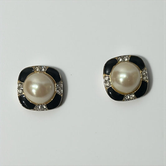 Vintage Pearl & Black Enamel Clip-On Earrings