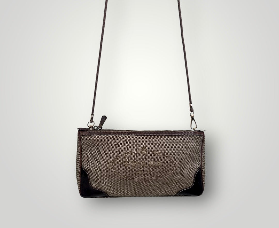 Vintage Prada Canvas & Leather Convertible Clutch Bag