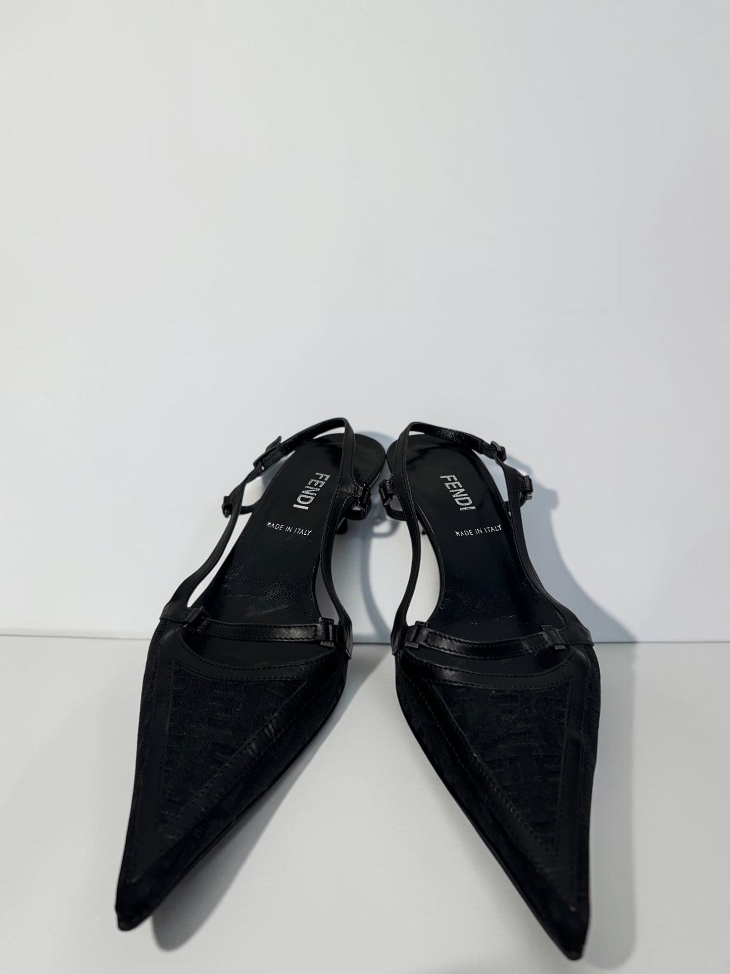 Vintage Fendi Black Zucca Slingback Kitten Heels | Early 2000s