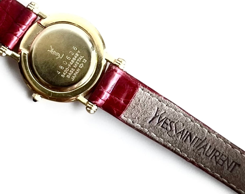 Vintage Yves Saint Laurent Gold Plated Watch with Red Leather Strap|1990s