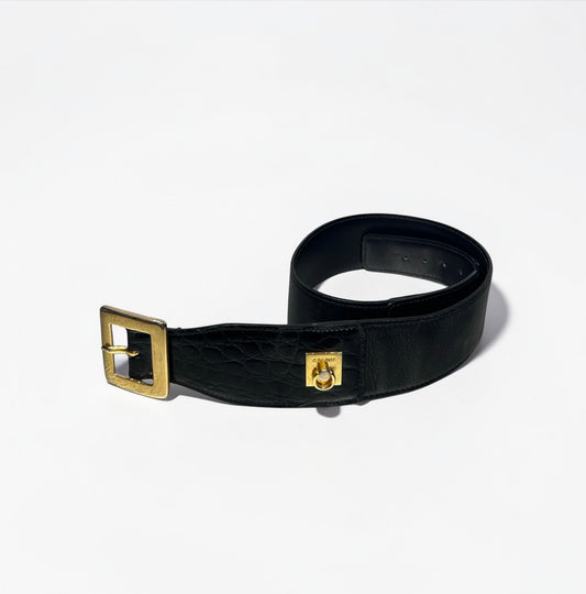 Vintage Celine Black Embossed Leather Waist Belt |1990s