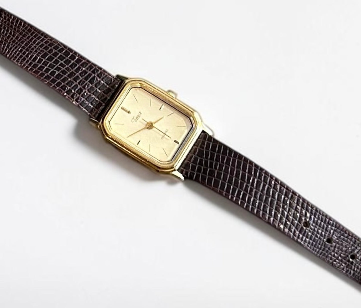 Vintage Timex Gold-Plated Watch with Brown Leather Strap| 1990s