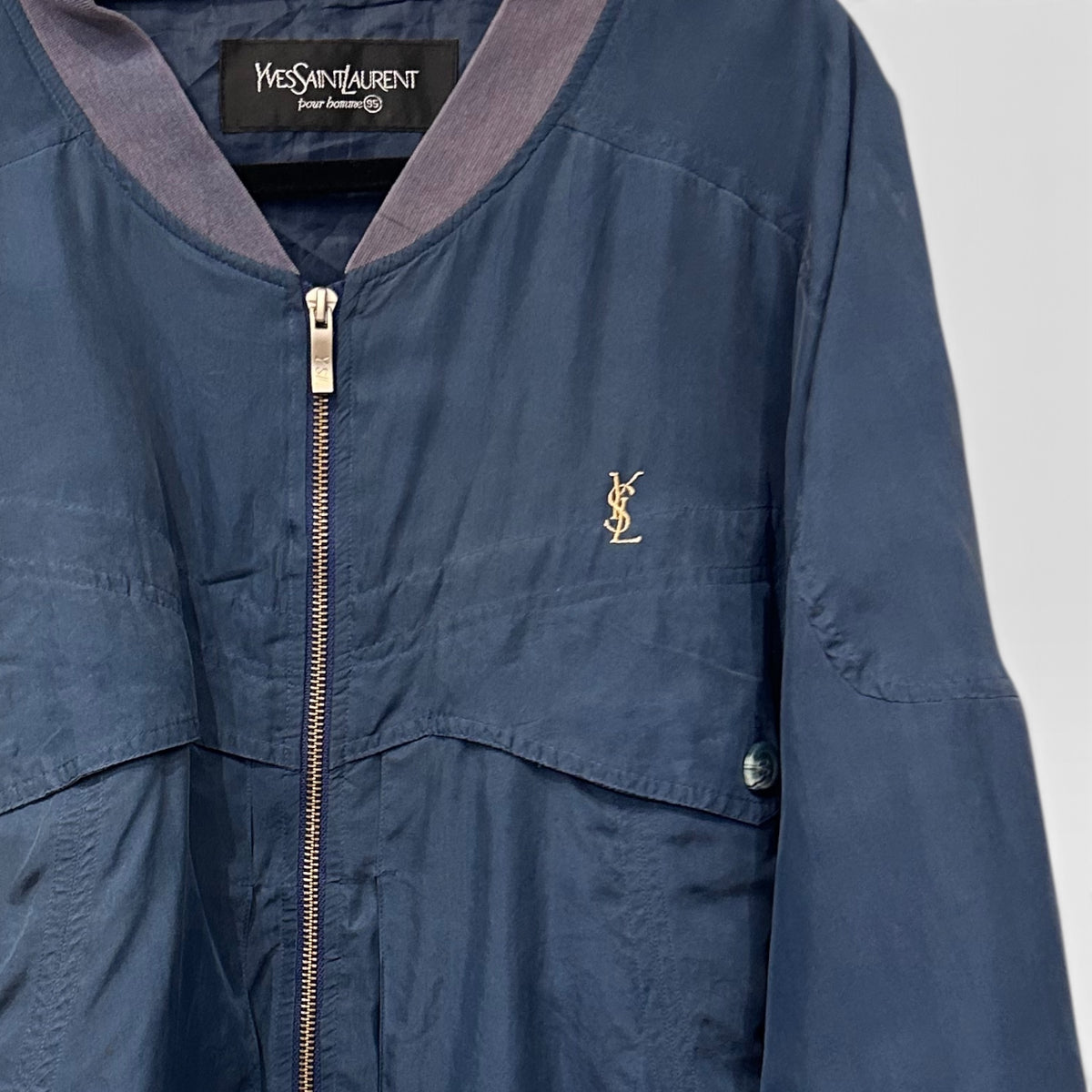 Vintage Yves Saint Laurent Blue Silk Bomber Jacket | 1990s