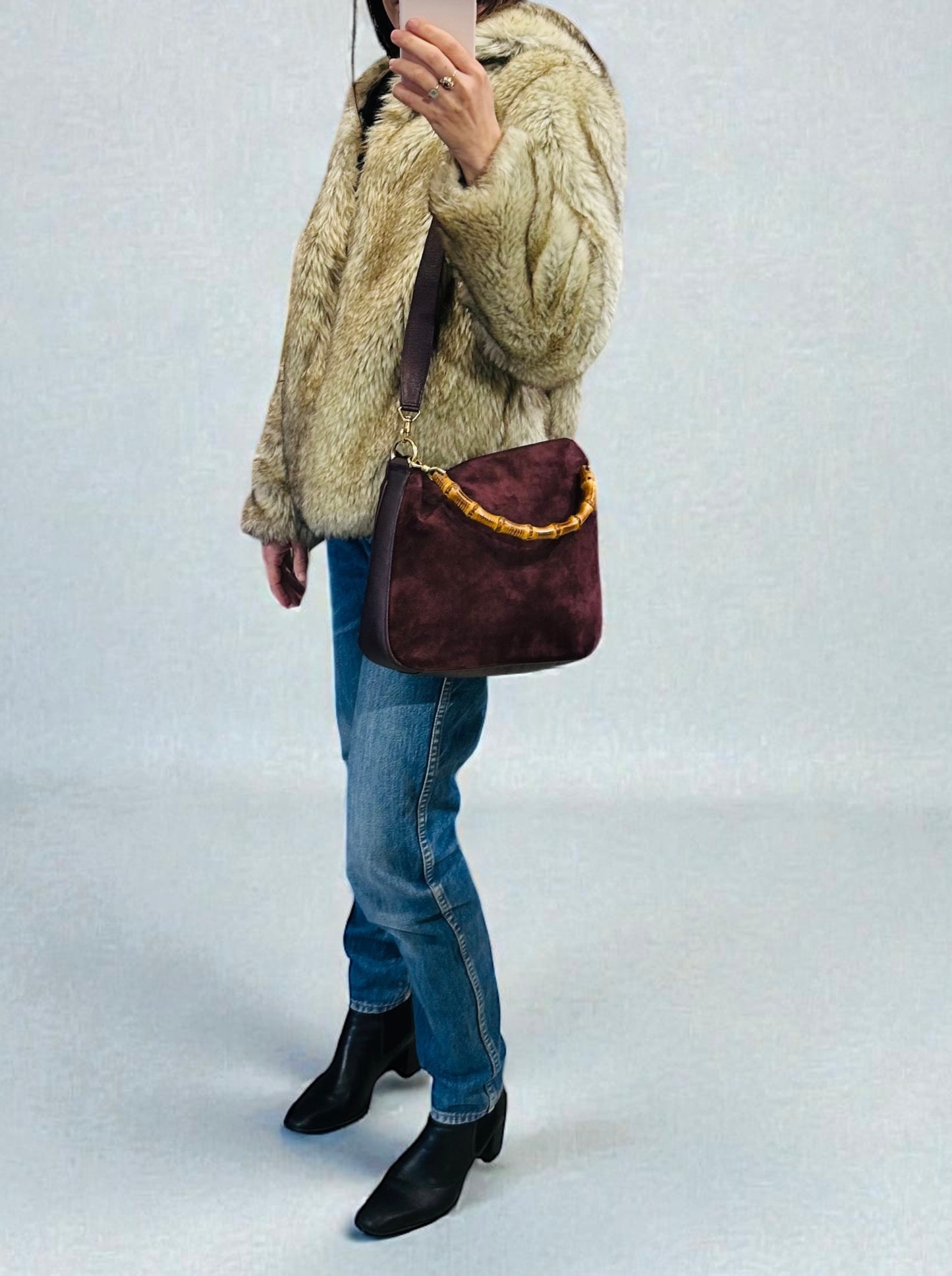 Vintage Gucci Burgundy Suede Bamboo Shoulder Bag
