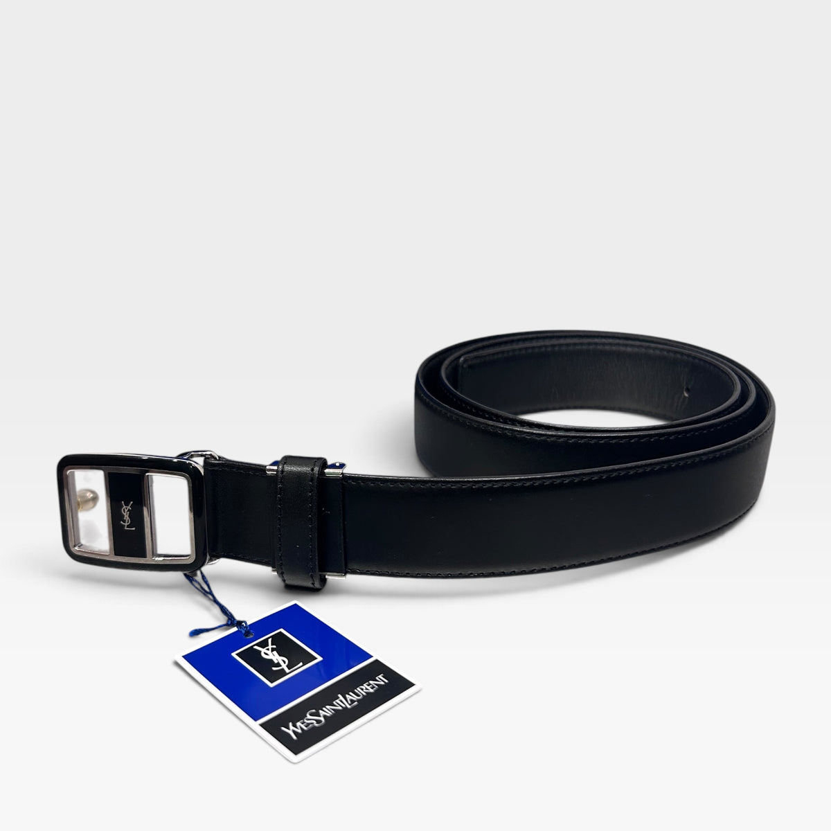 Vintage Yves Saint Laurent Black Leather Logo Buckle Belt | 1990s