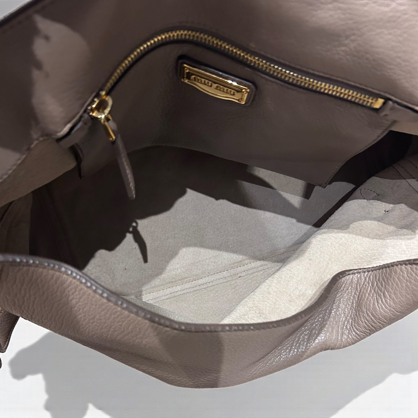 Miu Miu Taupe Leather Top Handle Bag with Gold Hardware