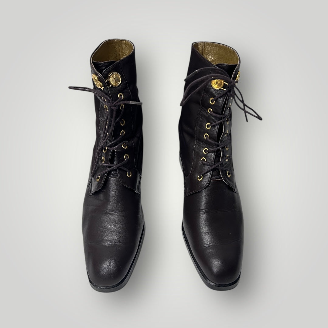 Vintage Yves Saint Laurent Lace Up Ankle Boots with Gold Medallion Buttons