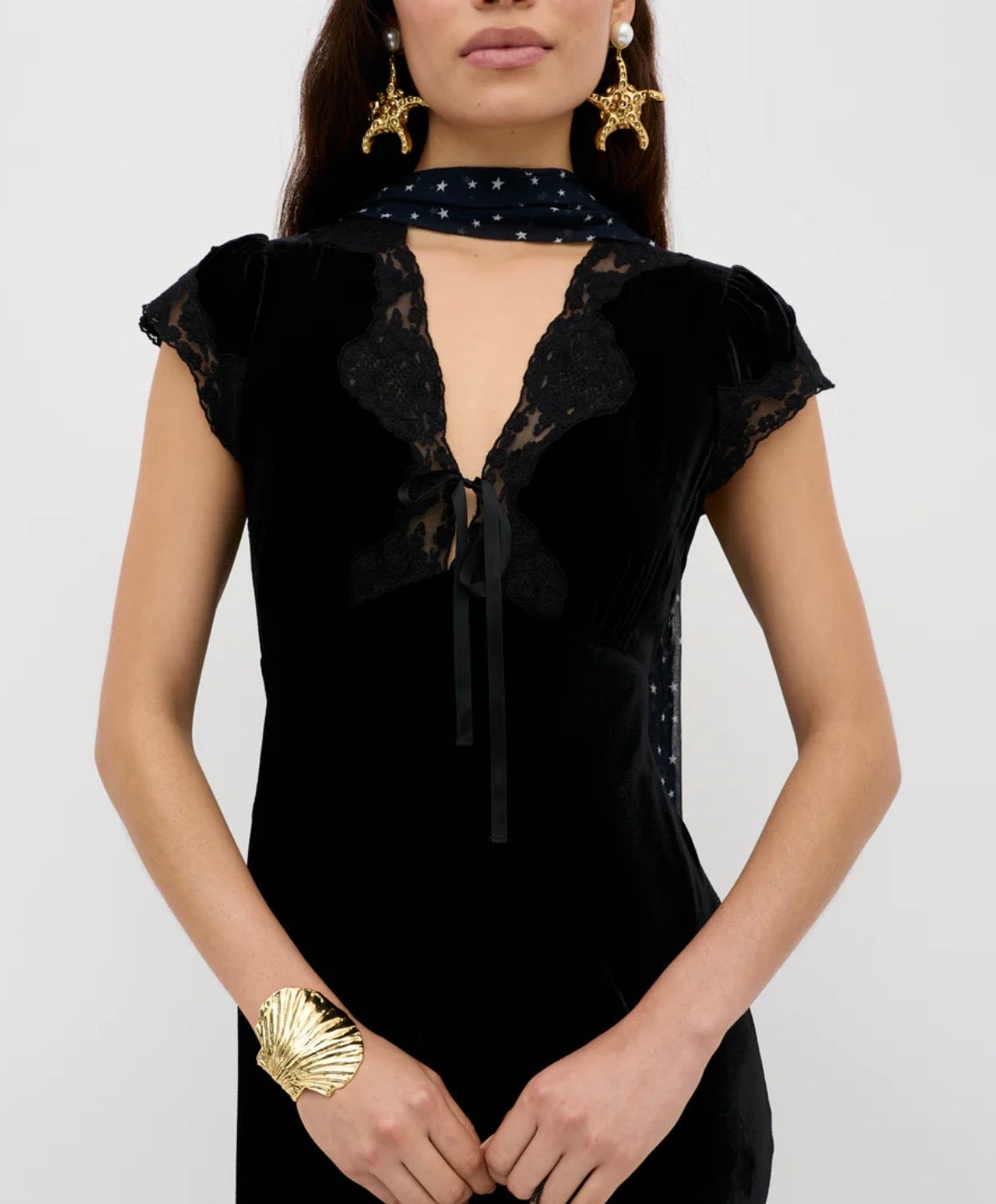 RIXO Amari Black Silk Velvet & Lace Midi Dress