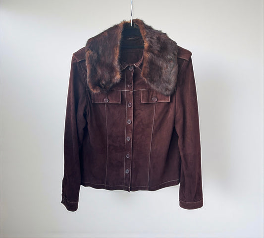 Vintage Brown Suede Jacket with Removable Real Fur Collar