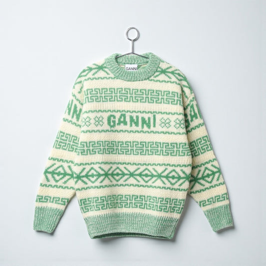 GANNI Green & Cream Logo Knit Sweater