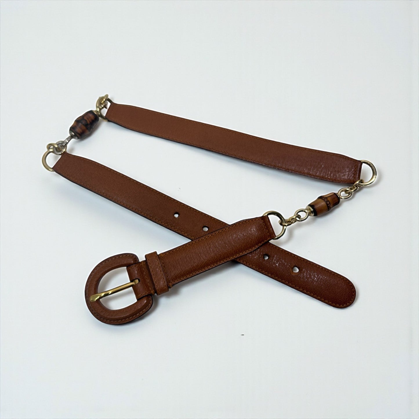 Vintage Gucci Brown Leather Belt with Bamboo Chain