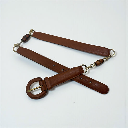 Vintage Gucci Brown Leather Belt with Bamboo Chain