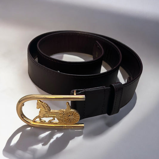 Vintage  Céline Leather Belt with Gold Horse Carriage Buckle