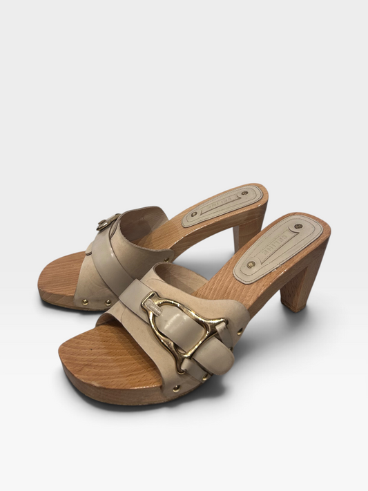 Vintage Celine Leather & Wood Horsebit Mules|Early 2000s