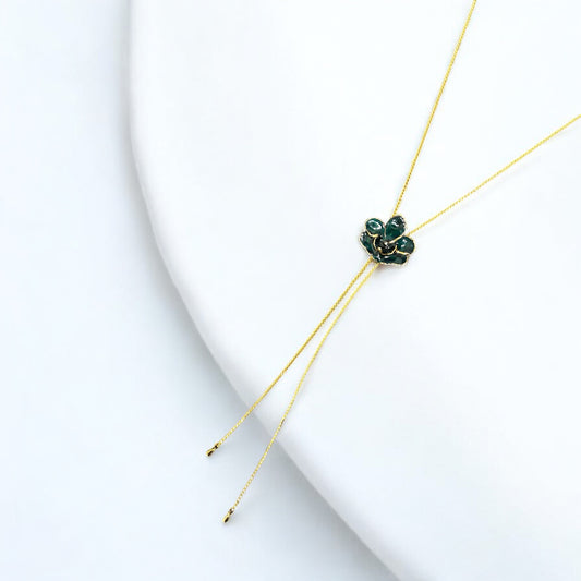 Vintage Gold-Plated Adjustable Slider Necklace with Green Enamel Flower Pendant