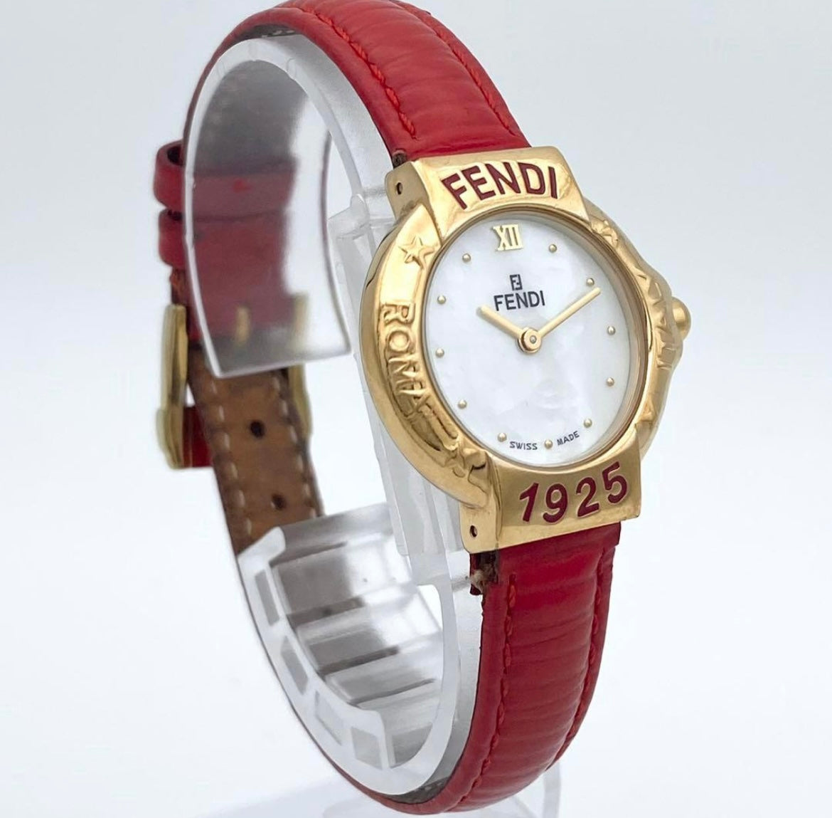 Vintage Fendi 1925 Swiss Made Watch – Gold Plated Case with Red Leather Strap |1990’s