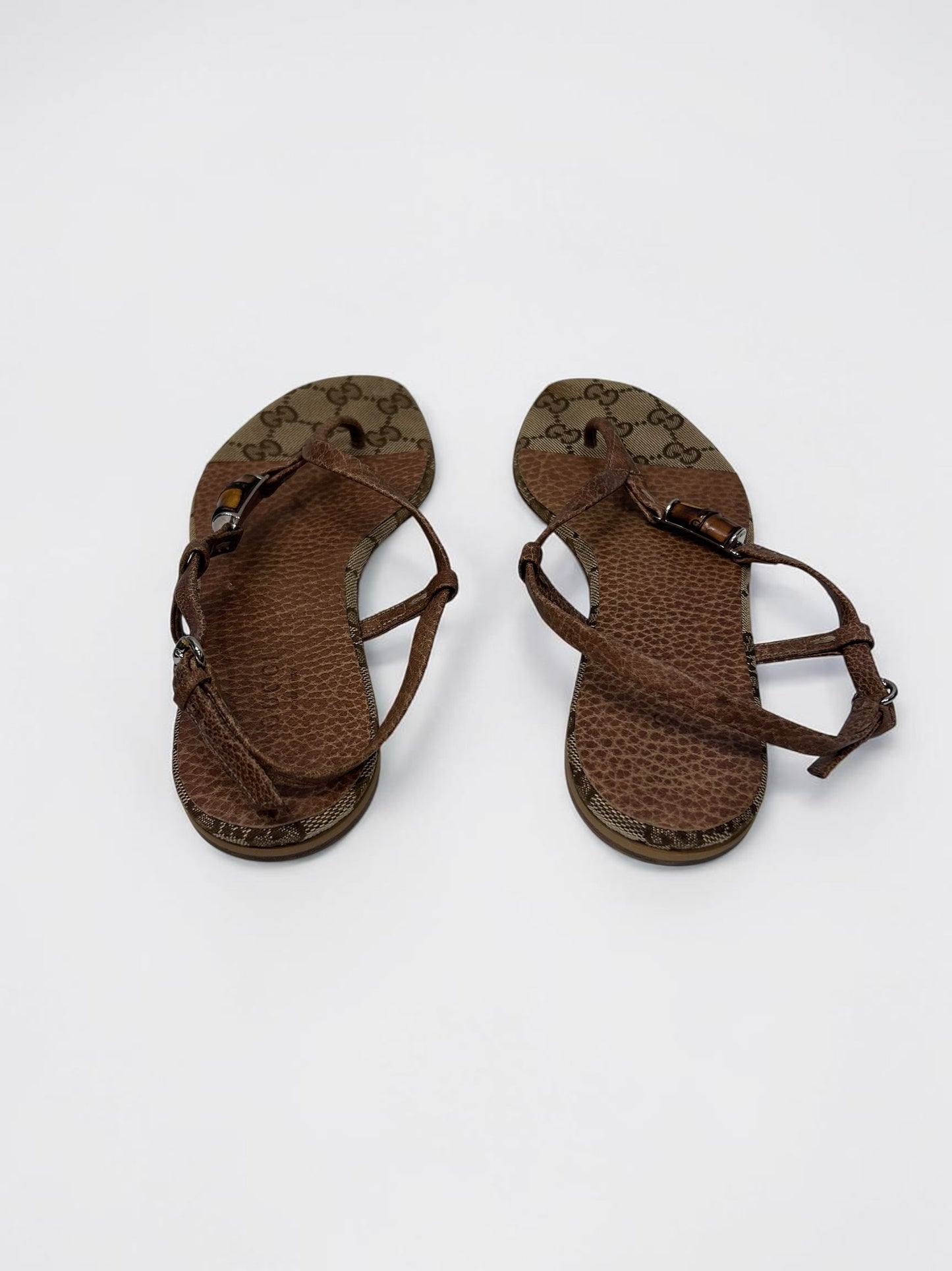 Vintage Canvas & Brown Leather Bamboo Thong Sandals |Tom Ford Era Y2K