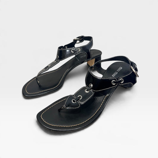 Vintage Miu Miu Black Leather Heeled Sandals | Early 2000s