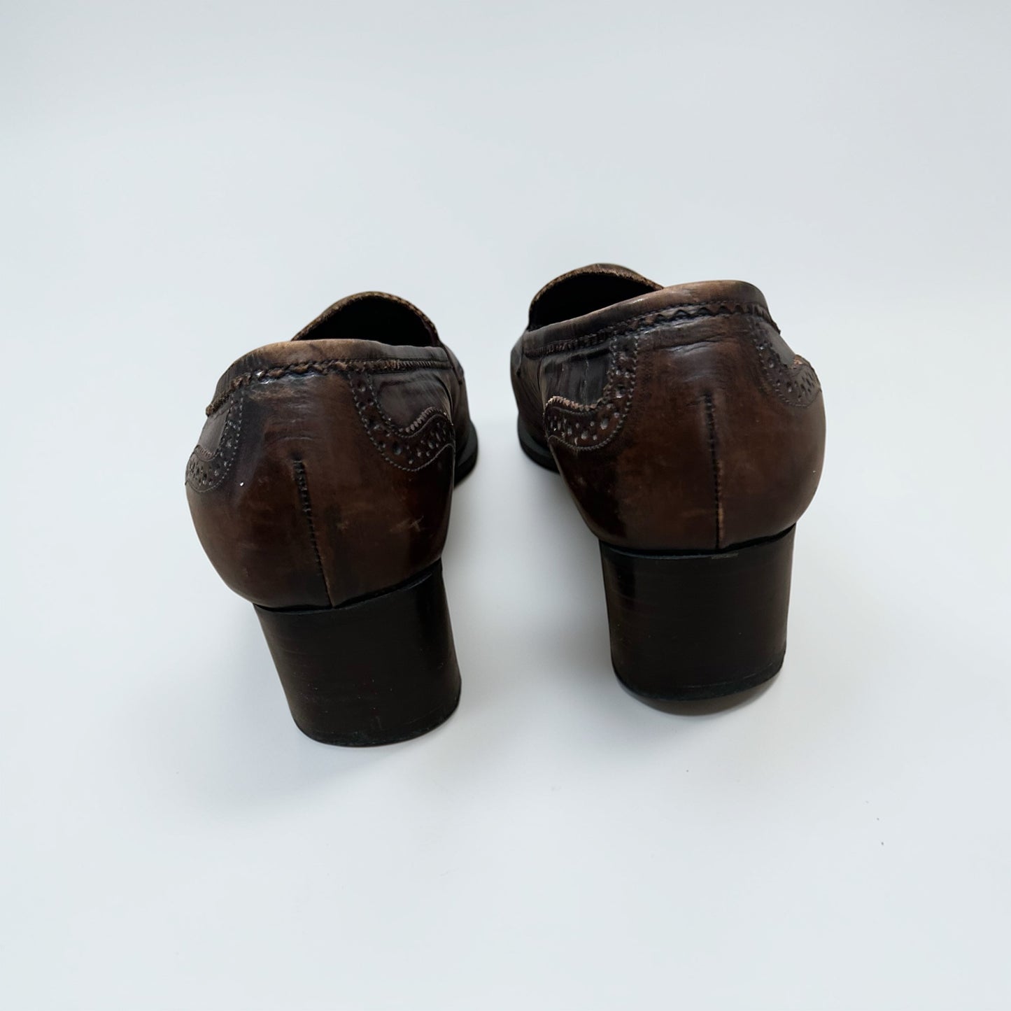 Gabriele Brown Leather Pointed Toe Heeled Loafers| 90s