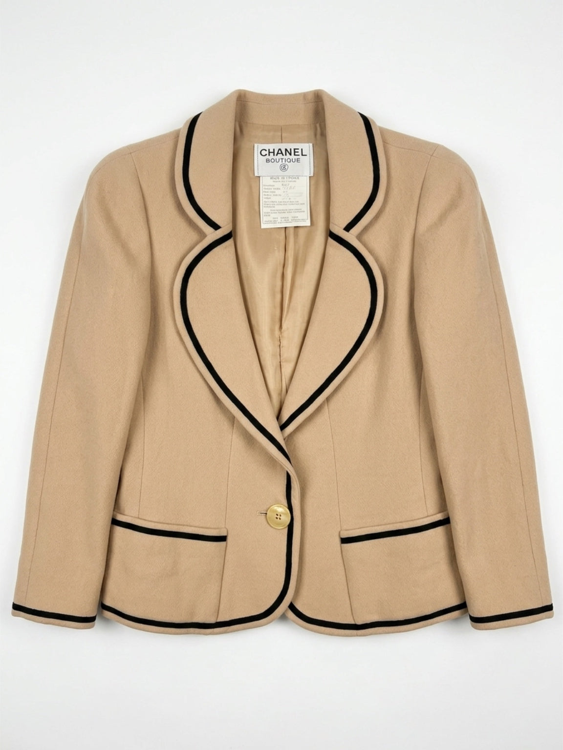 Vintage Chanel Boutique Beige Wool Jacket with Black Trim| 1990s