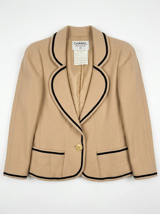 Vintage Chanel Boutique Beige Wool Jacket with Black Trim| 1990s