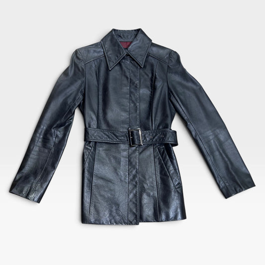 Vintage Black Leather Belted Jacket | Early 2000s