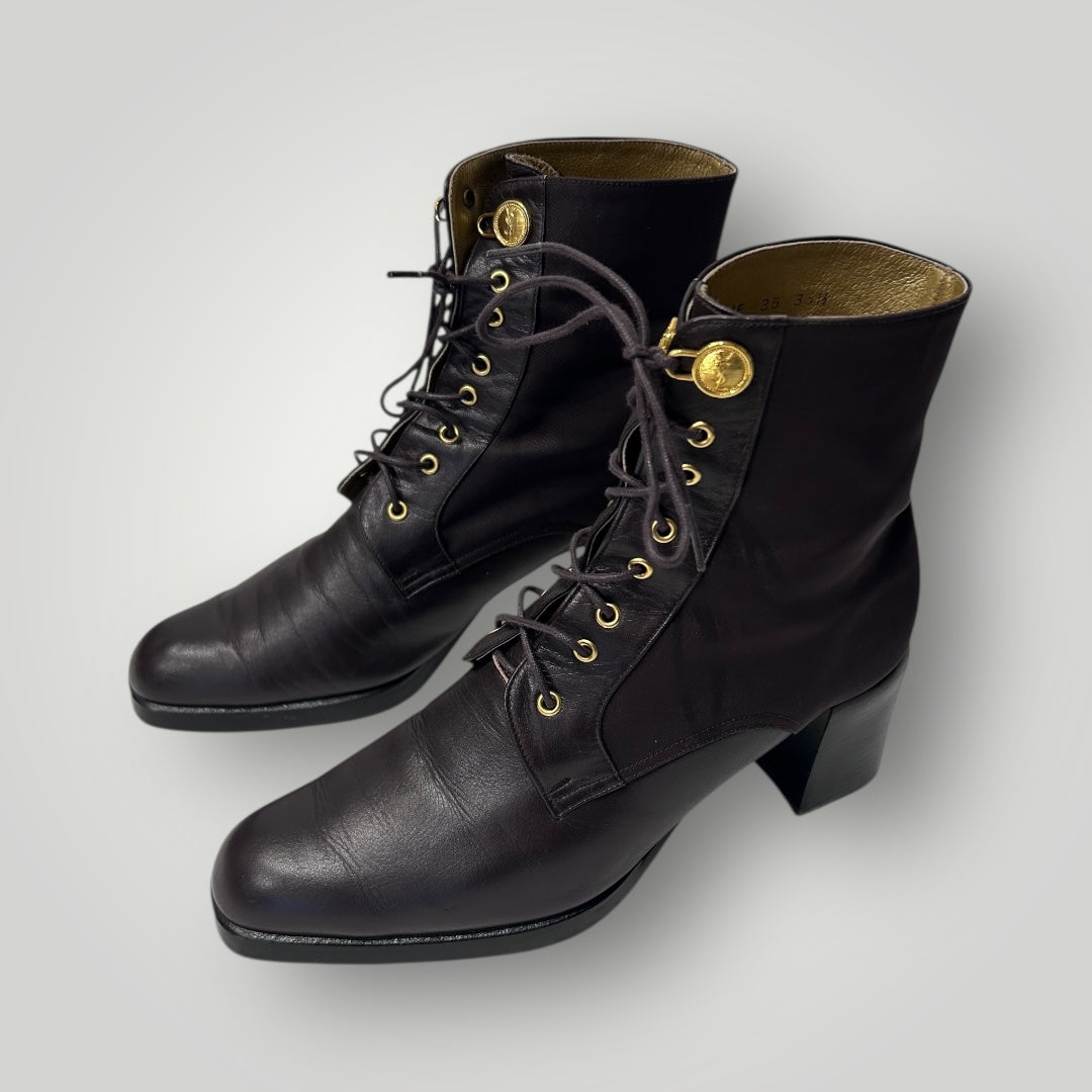 Vintage Yves Saint Laurent Lace Up Ankle Boots with Gold Medallion Buttons