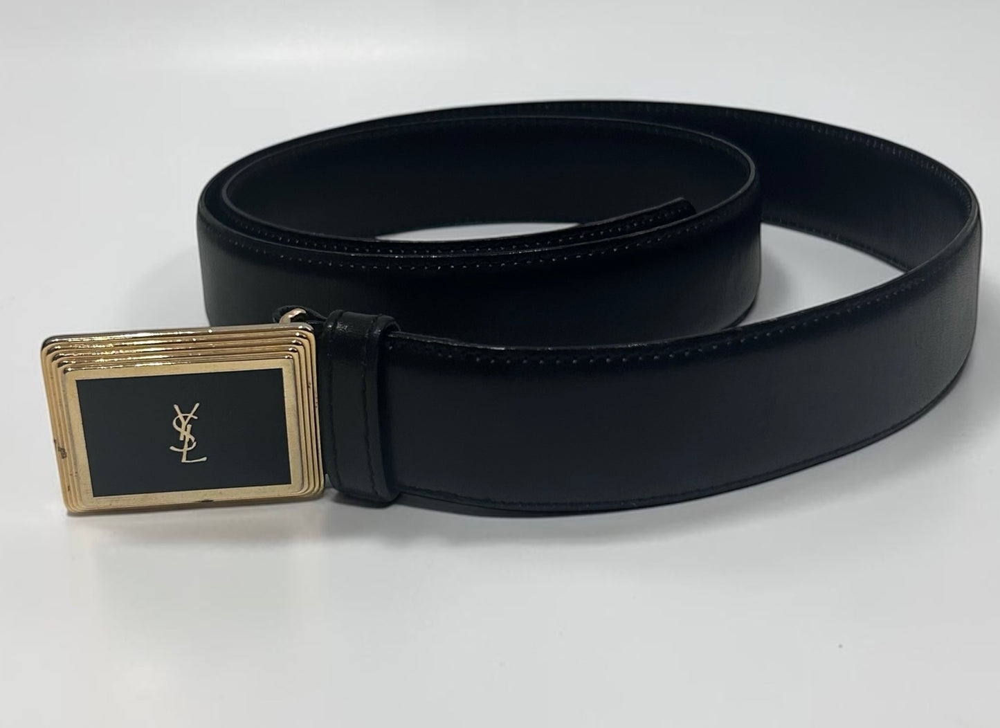 Vintage Yves Saint Laurent Black Leather Belt with YSL Buckle|90s