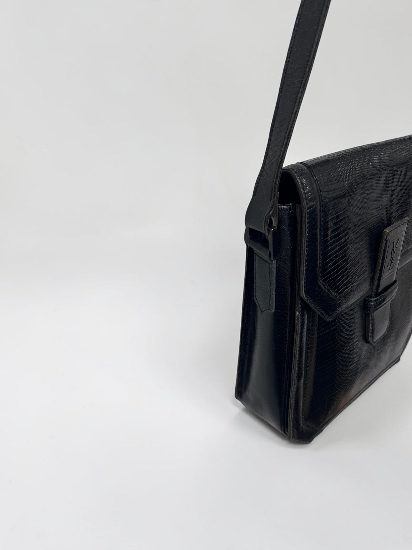 Vintage Yves Saint Laurent Black Embossed Leather Shoulder Bag| Early 1990s