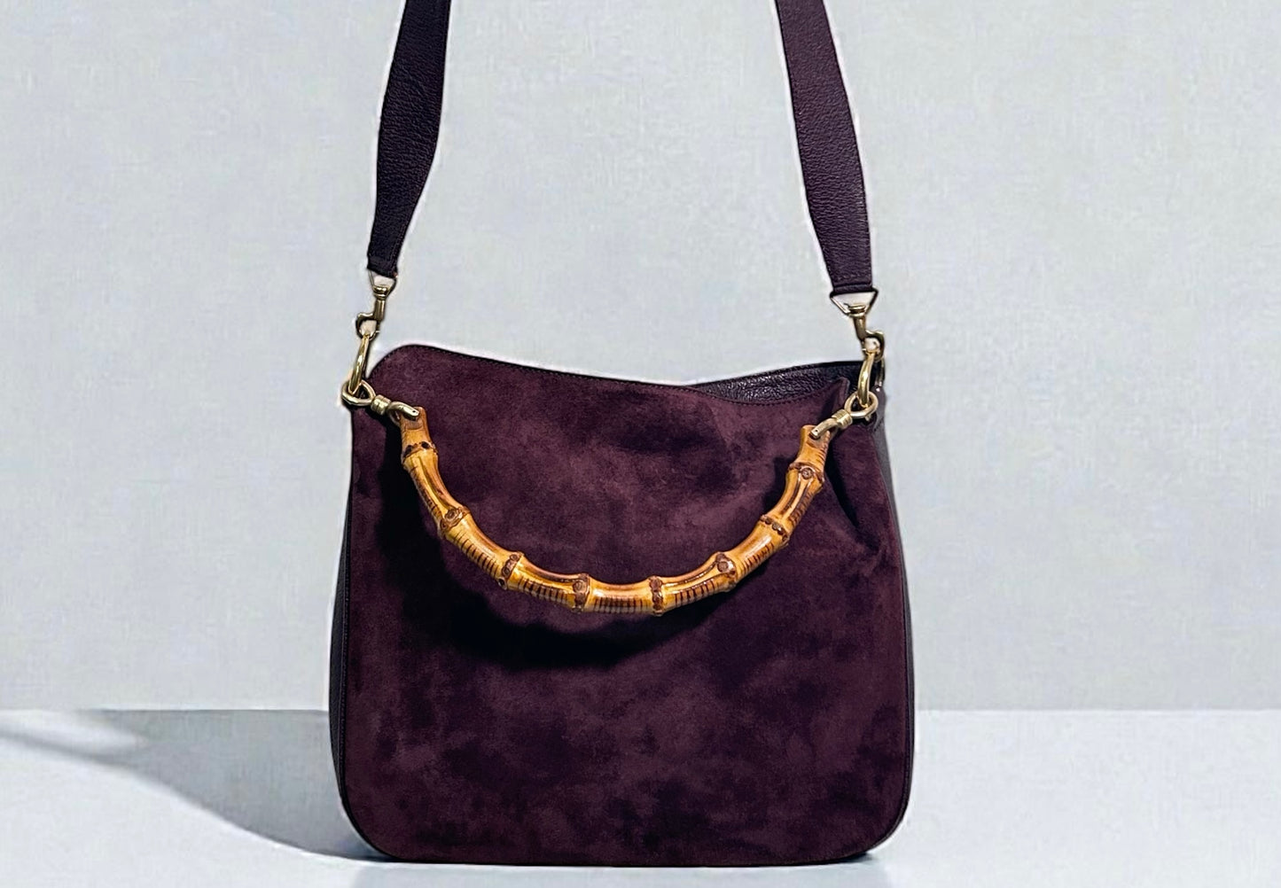Vintage Gucci Burgundy Suede Bamboo Shoulder Bag