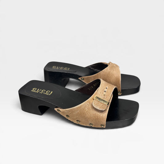 Vintage Gucci Tan Hair-On Leather Sandals |Early 2000s