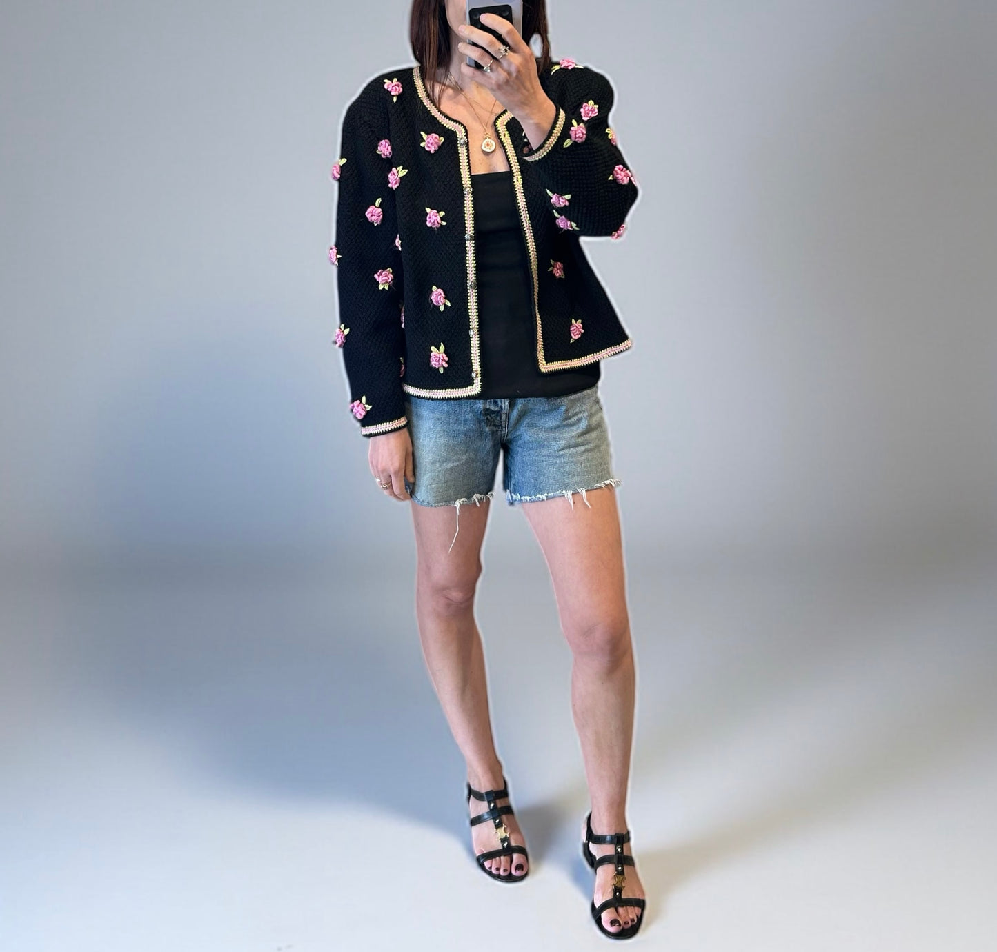 Vintage Knit Cardigan with Pink Floral Embroidery