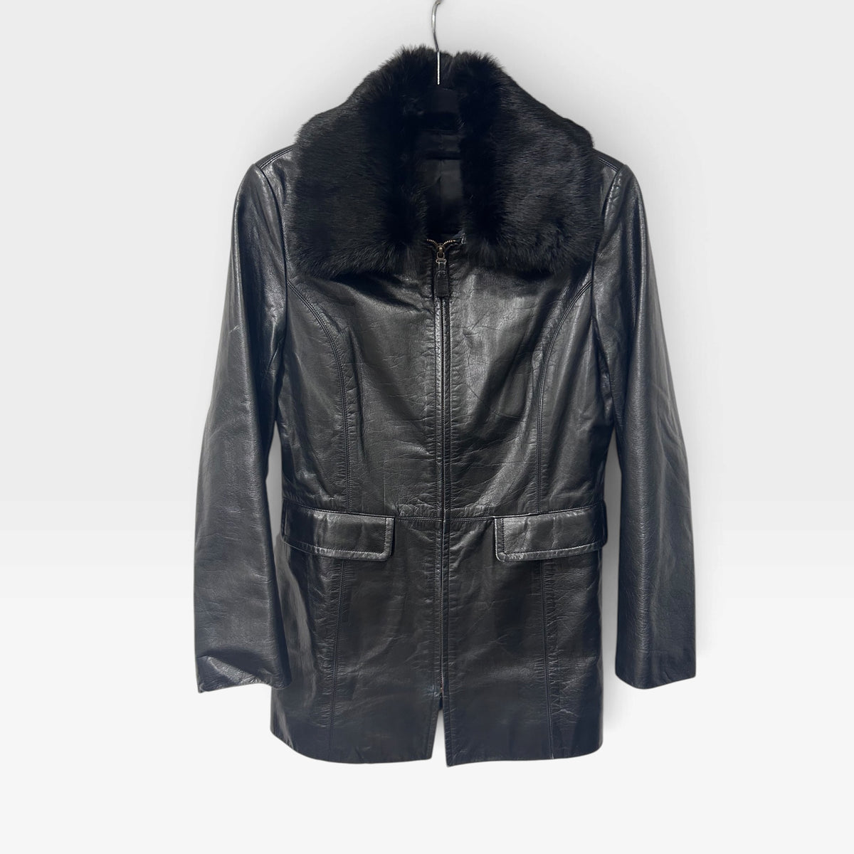 Vintage Brahmin Black Leather Jacket with Detachable Fur Collar | 1990s