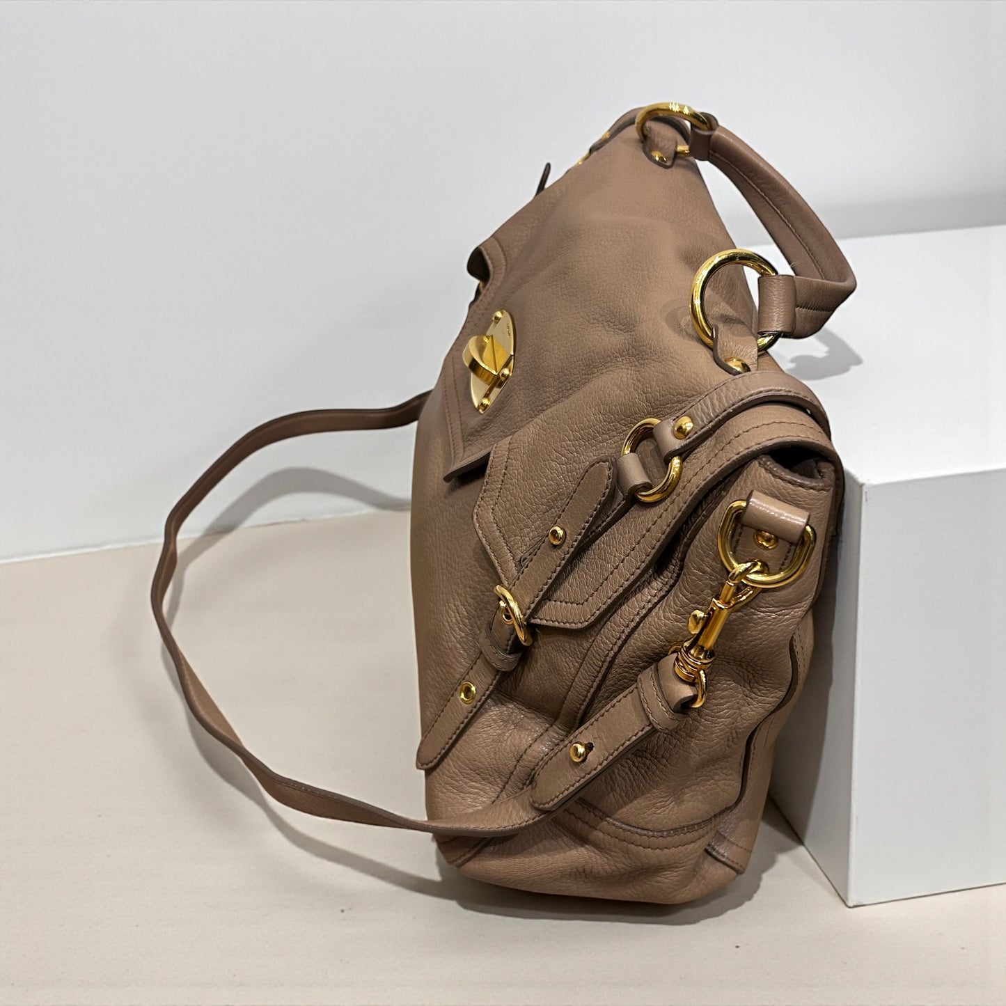 Miu Miu Taupe Leather Top Handle Bag with Gold Hardware