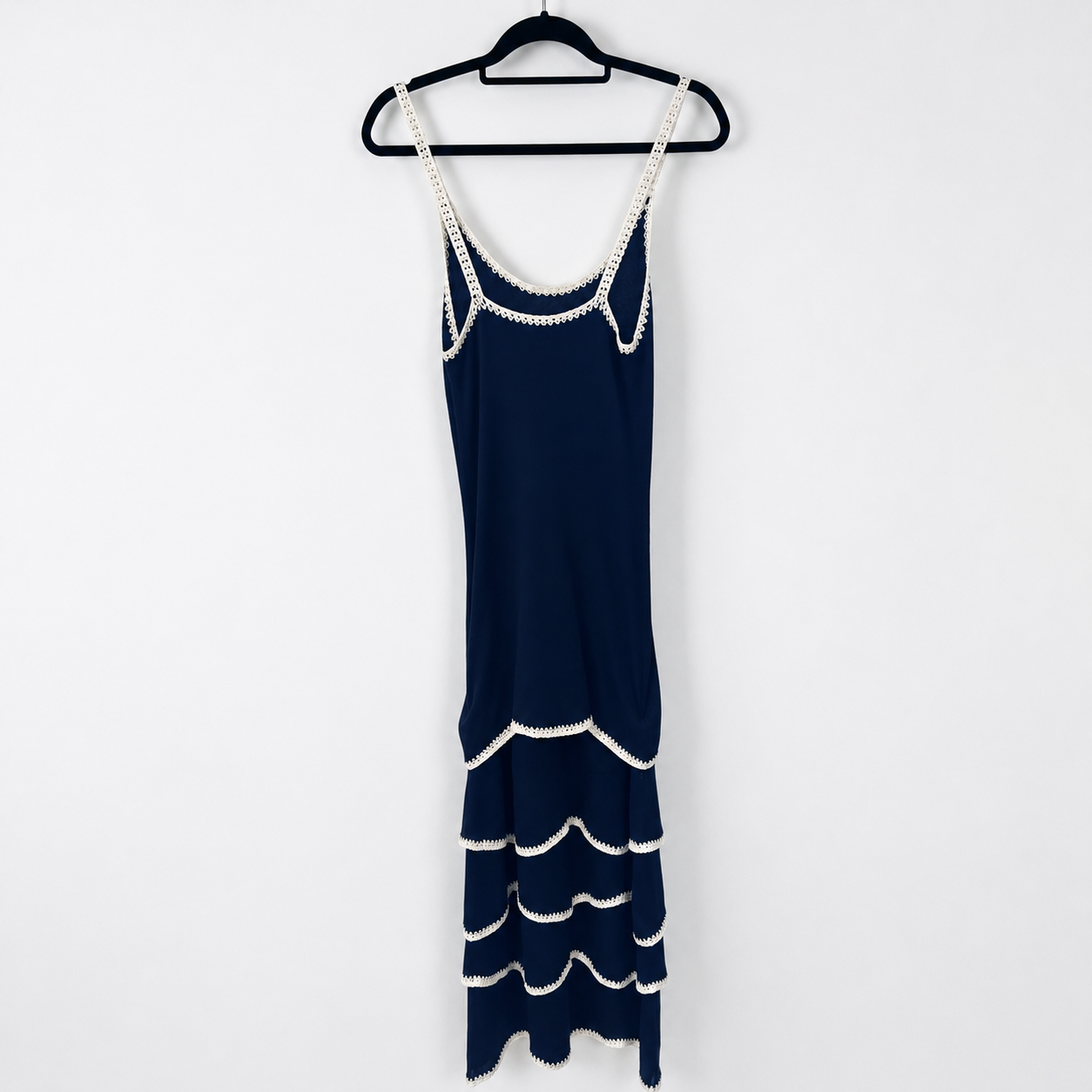 Ramy Brook Navy Crochet Trim Tiered Midi Dress