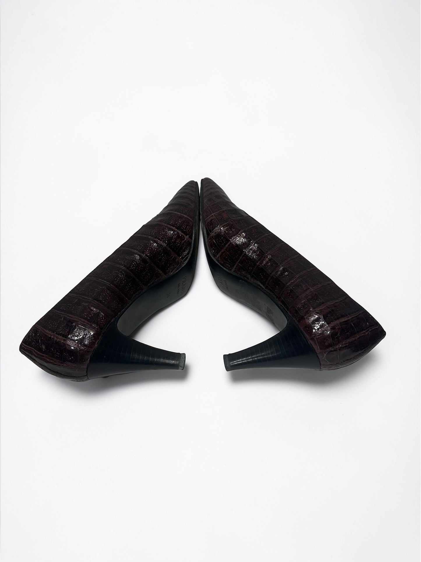 Vintage Prada Milano Croc-Embossed Leather Kitten Heel Pumps |Early 2000s