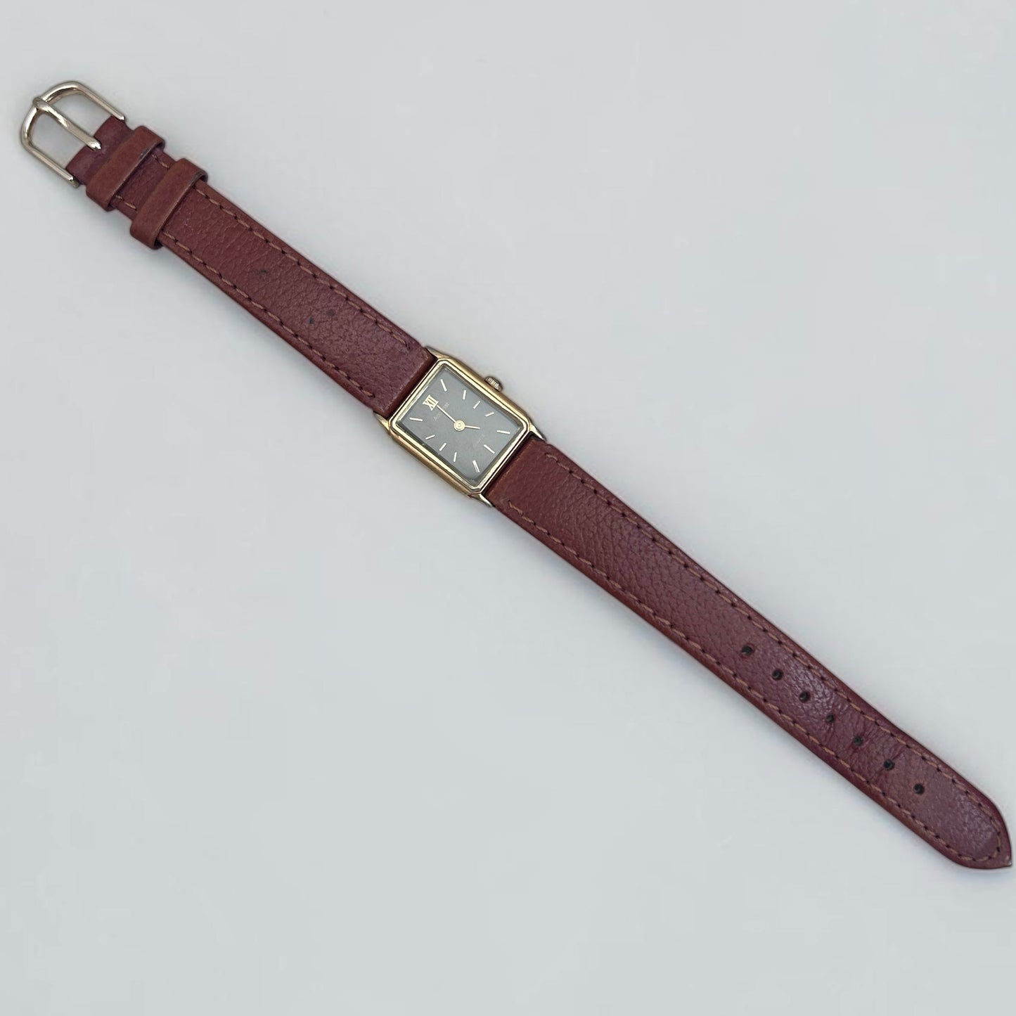 Vintage Accurist Rectangular Watch with Brown Leather Strap| 1990s