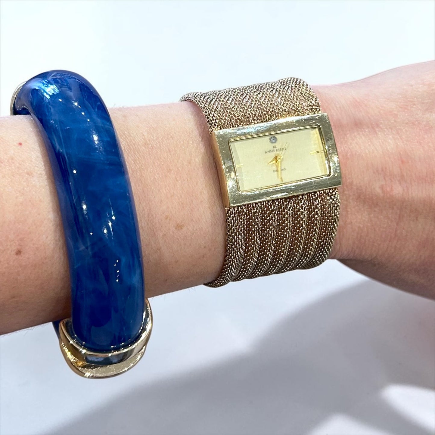 Anne Klein Gold Tone Mesh Bracelet Watch with Diamond | Late 1990s