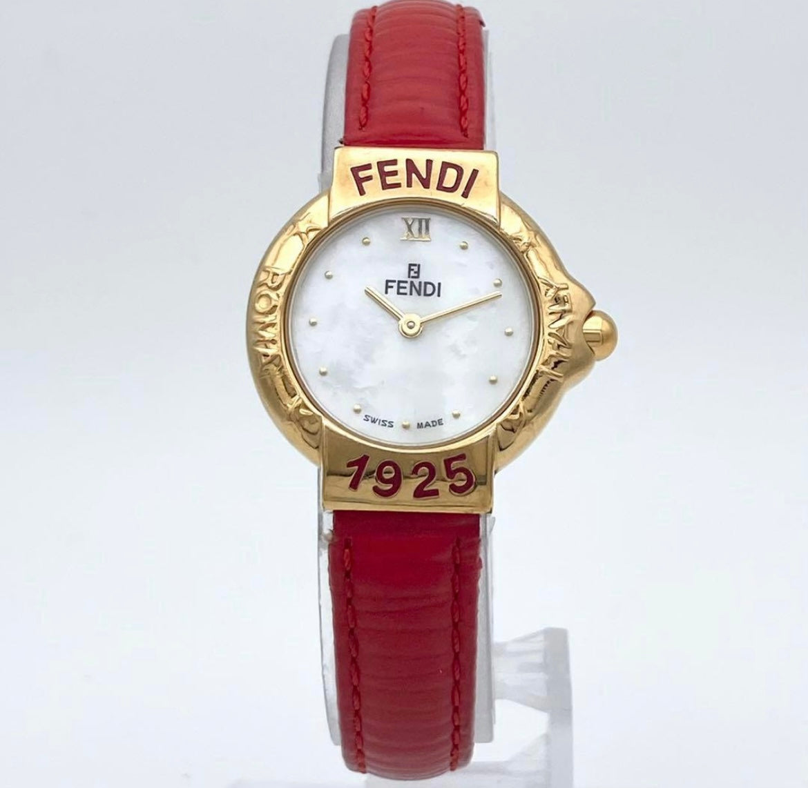 Vintage Fendi 1925 Swiss Made Watch – Gold Plated Case with Red Leather Strap |1990’s