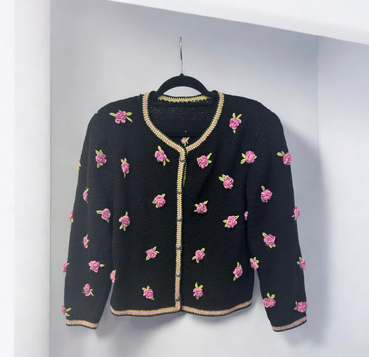 Vintage Knit Cardigan with Pink Floral Embroidery
