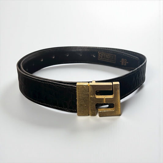 Vintage Fendi Crocodile Leather Belt with Gold FF Buckle